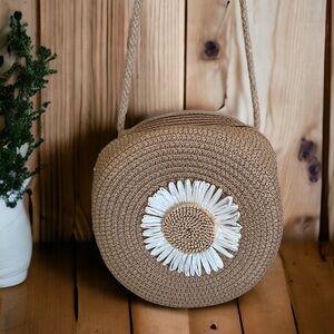 Woman's Small Khaki Floral Pattern Casual Lightweight Cross- Body p0-] Straw Bag